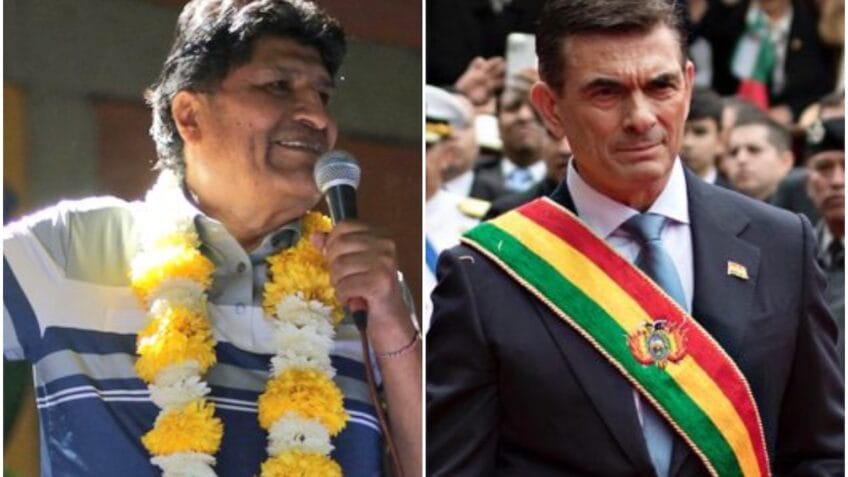 Evo Morales (à esq.) pede renúncia do atual presidente, Rodrigo Paz (à dir.) por causa de forte onda de protestos que bloquearam estradas no oeste da Bolívia