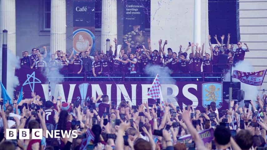 Aston Villa players celebrate during the Europa League winners parade in Birmingham