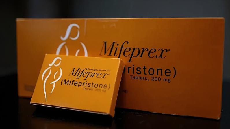 In this photo illustration, packages of Mifepristone tablets are displayed at a family planning clinic on April 13, 2023 in Rockville, Maryland