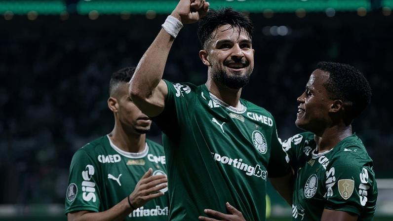 Flaco López comemora gol do Palmeiras sobre o Junior Barranquilla na Copa Libertadores