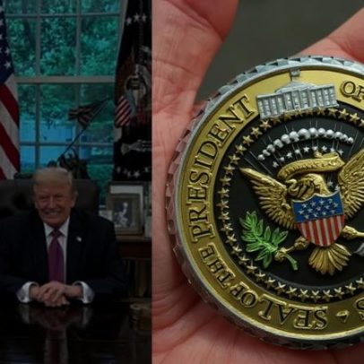 Flávio exibe challenge coin após encontro na Casa Branca