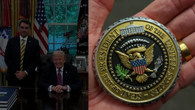 Flávio Bolsonaro com Donald Trump no Salão Oval, na Casa Branca, e honraria recebida após encontro. Fotos: reprodução/ redes sociais
