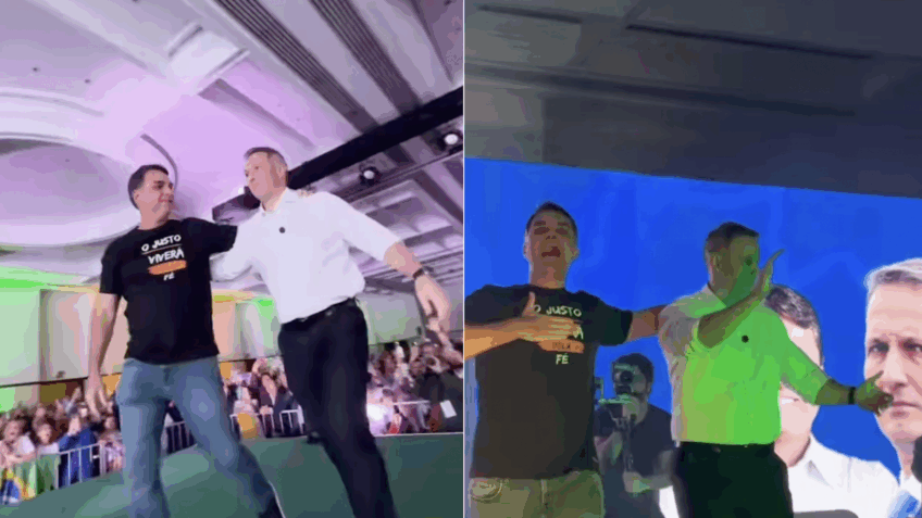 Na imagem, Flávio e Derrite durante evento de pré-campanha em Campinas