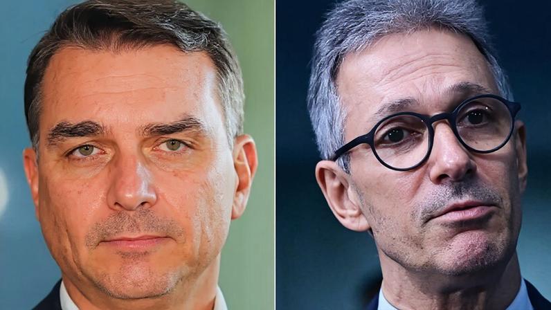 Na imagem, Flávio Bolsonaro (à esq.) e Romeu Zema (à dir)