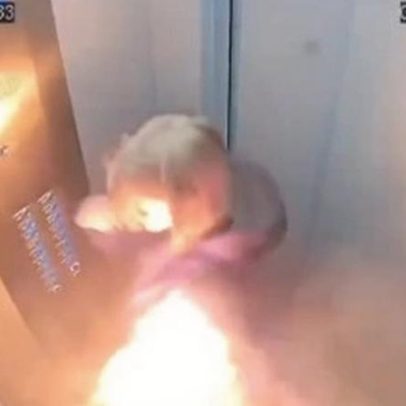 Bateria externa pega fogo em elevador na Rússia; mulher escapa por pouco