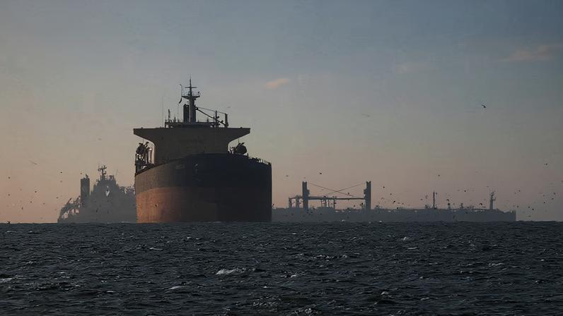 Navios de carga no Golfo, perto do Estreito de Ormuz, vistos do norte de Ras al-Khaimah, próximo à fronteira com Omã — Foto: Reuters