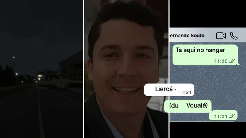 Fernando Souto, empresário que morreu no acidente; mensagem trocada com amigo piloto, e aeronave que caiu em Belo Horizonte — Foto: Reprodução