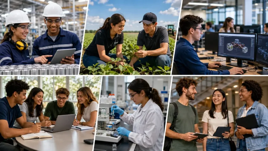 Jovens talentos em diferentes áreas — da indústria ao agronegócio e tecnologia — representam as oportunidades de estágio abertas em todo o Brasil para 2026. (Foto: imagem gerada Chatgpt/gazeta do povo)