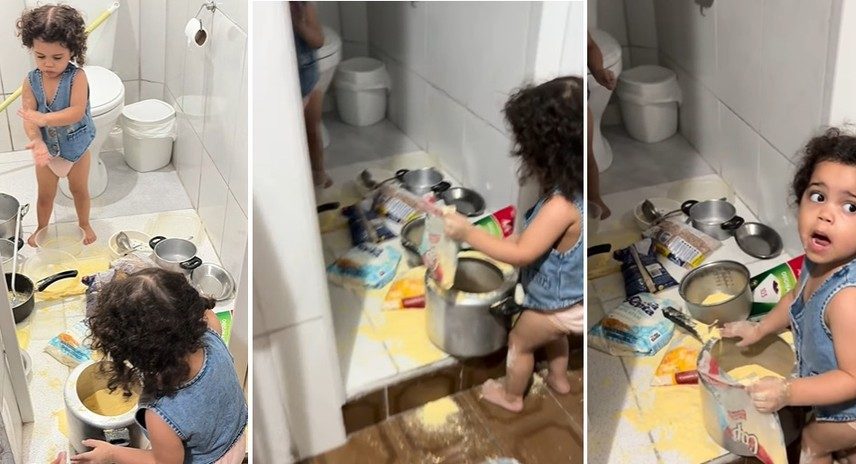 As meninas simplesmente espalharam fubá por todo o chão da cozinha — Foto: Reprodução/ Instagram