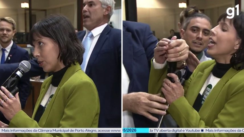 Vereador conservador Mauro Pinheiro (PP) retirou o microfone da vereadora Juliana dos Anjos de Souza (PT) em sessão na Câmara de Porto Alegre — Foto: Reprodução/ TV Câmara Porto Alegre