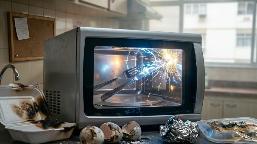 O uso do papel alumínio, plastico filme e ovos podem causar explosões no micro-ondas — Foto: Reprodução/Gemini