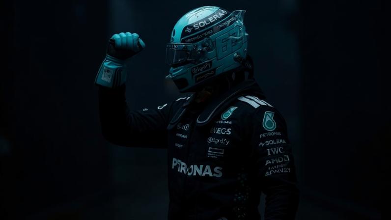 George Russell, da Mercedes, comemora a pole position do GP do Canadá de 2025