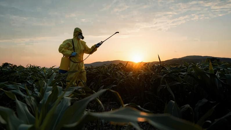 Homem usa roupa de proteção para aplicar agrotóxicos na plantação.