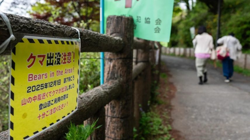Em 29 de abril de 2026, excursionistas passam por uma placa que alerta sobre a presença de ursos na região de Ome, na província de Tóquio.