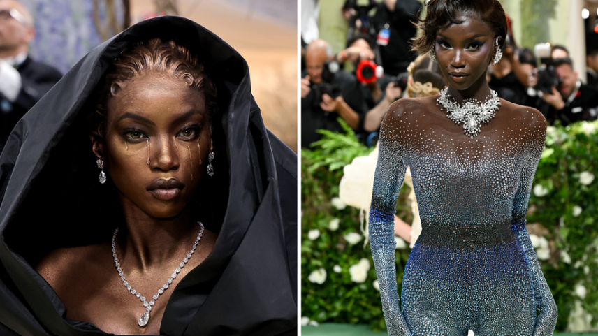 A top model Anok Yai nos Met Gala de 2026 (esq.) e 2024 (dir.), quando teria ocorrido incidente no banheiro do evento — Foto: Getty