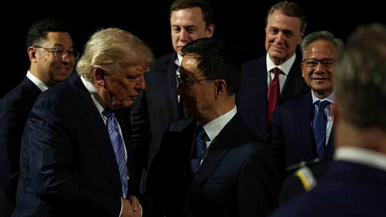 Donald Trump cumprimentando o vice-presidente da China, Han Zheng, com Elon Musk e Jensen Huang ao fundo — Foto: Getty Images