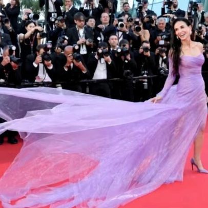 Demi Moore aposta em transparência e cauda esvoaçante no Cannes 2026