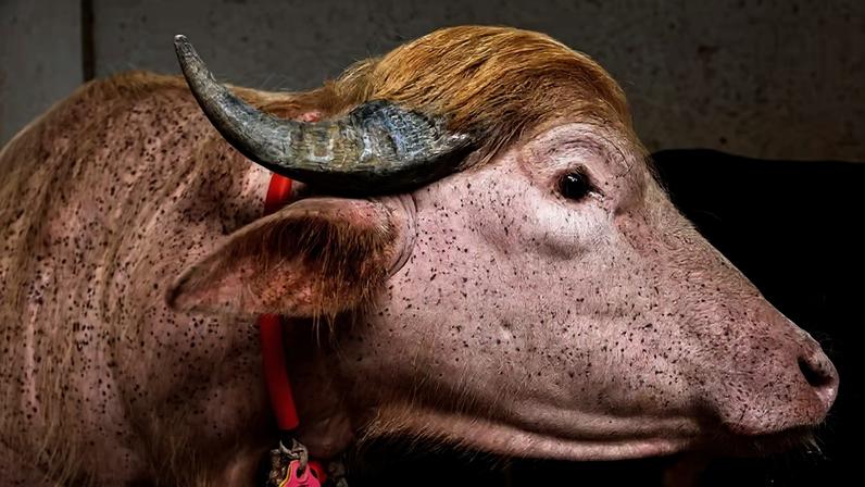 Raro búfalo albino apelidado de “Donald Trump” na fazenda em Narayanganj, Bangladesh, em 18 de maio de 2026.