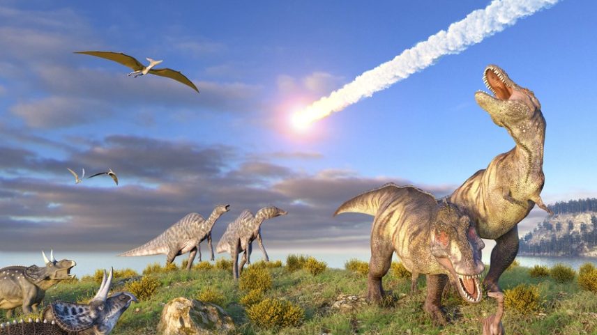 Ilustração do evento K-T, no final do período Cretáceo. Um asteroide entra na atmosfera da Terra enquanto dinossauros observam.