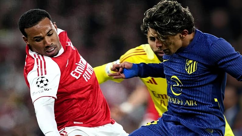 Giuliano Simeone, do Atlético de Madri, e Gabriel Magalhães, do Arsenal, em ação no jogo de volta da semifinal da Champions