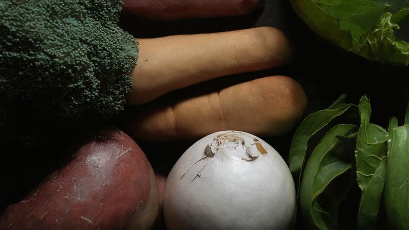 An illustrated display of vegetables.