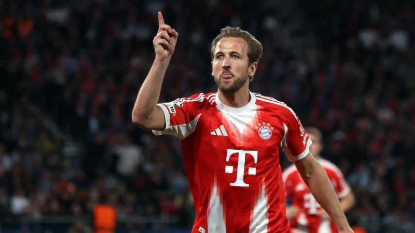 Harry Kane, do Bayern de Munique, comemora gol contra o PSG, pela Liga dos Campeões