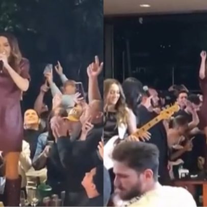 Maiara sobe em mesa de bar durante gravação de DVD em Goiânia