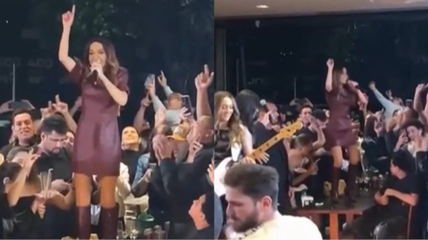 Maiara sobe em mesa de bar durante gravação de DVD em Goiânia
