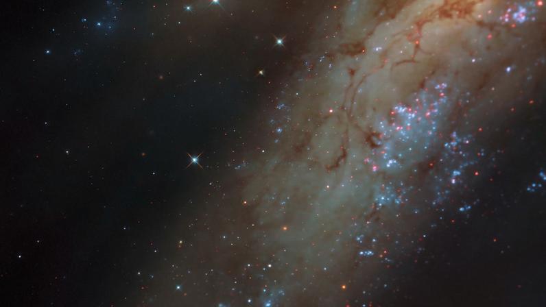 A close view of spiral galaxy that is tilted at an angle, so that its disk fills the view from corner to corner. Its disk is yellow near to the center and pale blue farther out, showing cooler and hotter stars, respectively. Thin brown clouds of dust, glowing pink spots of star formation, and sparkling blue patches filled with star clusters swirl through the galaxy. Behind it, small orange dots are very distant galaxies.