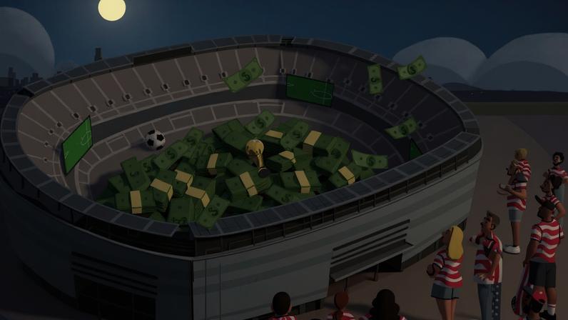 Estádio cheio de dinheiro e futebol.