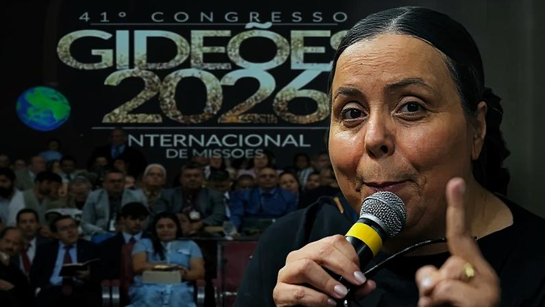 A pastora Helena Raquel no congresso Gideões 2026. (Foto: Reprodução/YouTube/Gideões Missionários da Última Hora)