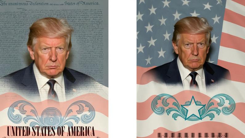 O passaporte comemorativo de 250 anos da independência dos Estados Unidos apresenta o retrato oficial presidencial de Donald Trump na parte interna da capa
