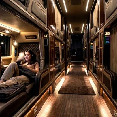 Ônibus na Indonésia transforma poltronas em camas e telas individuais