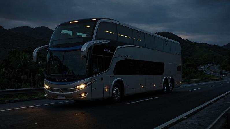 (Imagem ilustrativa)Ônibus rodoviário de dois andares com alto padrão de tecnologia e conforto para longas distâncias