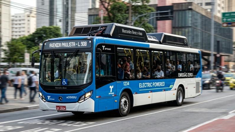 Ônibus elétrico Mercedes-Benz eO500U circulando em via urbana de São Paulo com baterias modulares