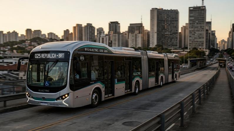 Ônibus elétrico articulado BYD D11B de 22 metros de comprimento circulando em corredor exclusivo urbano