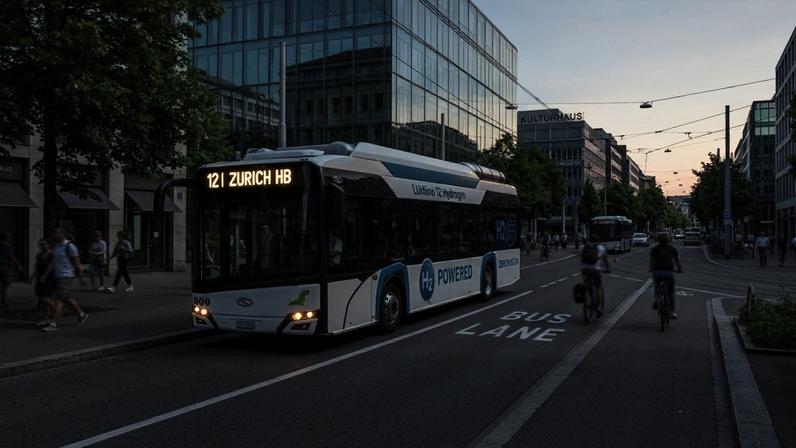 Ônibus articulado Solaris Urbino 18 Hydrogen circulando silenciosamente por uma metrópole europeia
