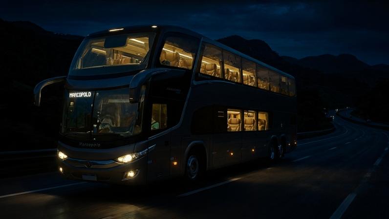 Ônibus Marcopolo G8 Paradiso 1800 DD com design aerodinâmico e poltronas que reclinam 180 graus
