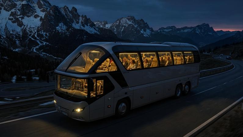 (Imagem ilustrativa)Ônibus de dois eixos com teto panorâmico em vidro e aerodinâmica para rotas de longa distância