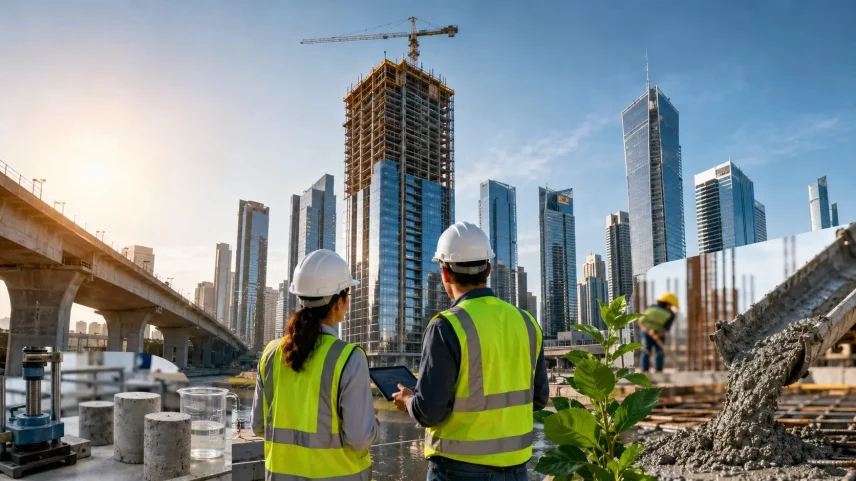 Engenheiros acompanham obra de grande porte com apoio de controle tecnológico e análise de materiais, garantindo eficiência, segurança estrutural e sustentabilidade em arranha-céus. (Foto: imagem gerada Chatgpt/gazeta do povo)