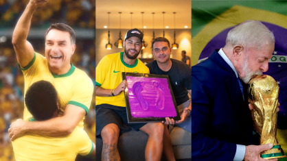 PL criou um vídeo com inteligência artificial que representa Flávio Bolsonaro como um jogador da seleção; PT publicou imagem de Lula beijando a taça