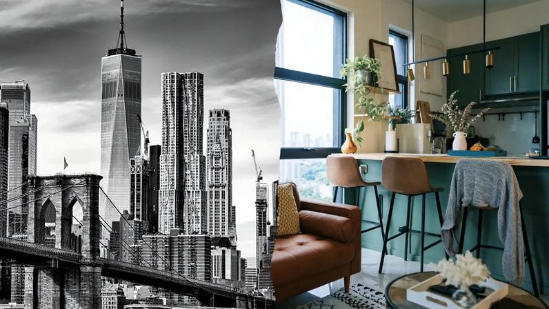 Montagem com duas imagens: à esquerda, uma foto em preto e branco da ponte do Brooklyn, em Nova York (EUA), com prédios ao fundo; à direita, foto do interior de um apartamento com sofá e cozinha americana.