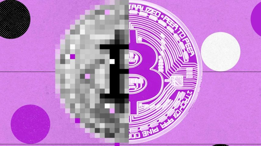 Imagem vetorial de uma moeda Bitcoin dividida: esquerda pixelizada em preto e branco, direita ilustração roxa e branca detalhada. Fundo roxo com linhas e círculos.