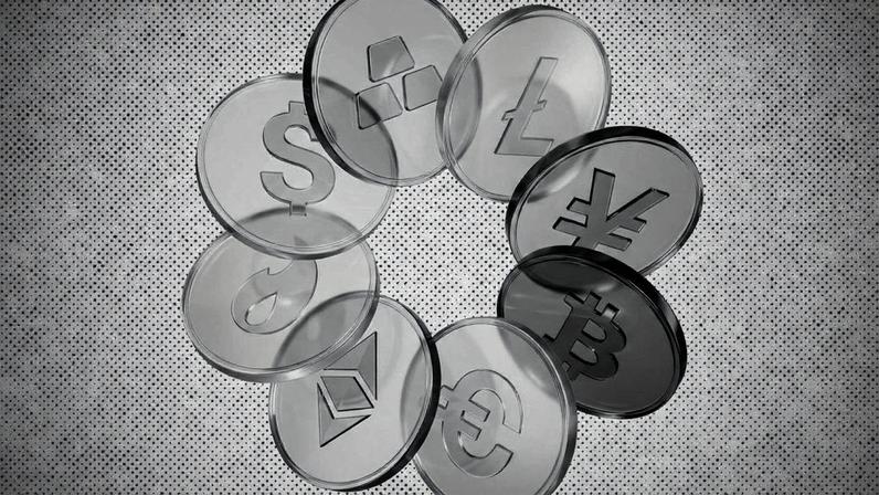 Ilustração 3D de moedas roxas transparentes em círculo, misturando criptomoedas como Bitcoin e Ethereum com Dólar, Euro e Ouro.