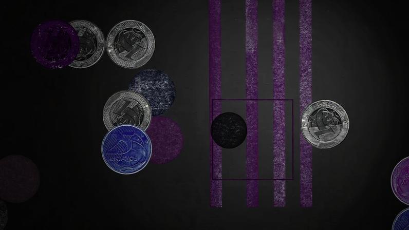Arte abstrata: Moedas do Real coloridas, círculos e listras em tons de roxo/magenta, com quadrado, em fundo claro. imposto de renda 2026