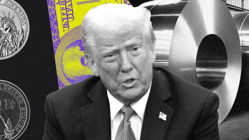 Montagem em preto e branco com Donald Trump em terno e gravata junto a elementos econômicos dos EUA, como moedas e nota de dólar.