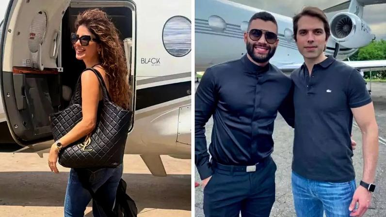 Paula Fernandes posa sorridente com jato ao fundo | Daniel posa com Gusttavo Lima