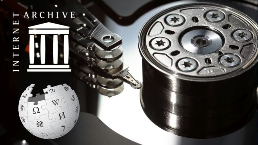 HDD com logos do Internet Archive e Wikipedia por cima