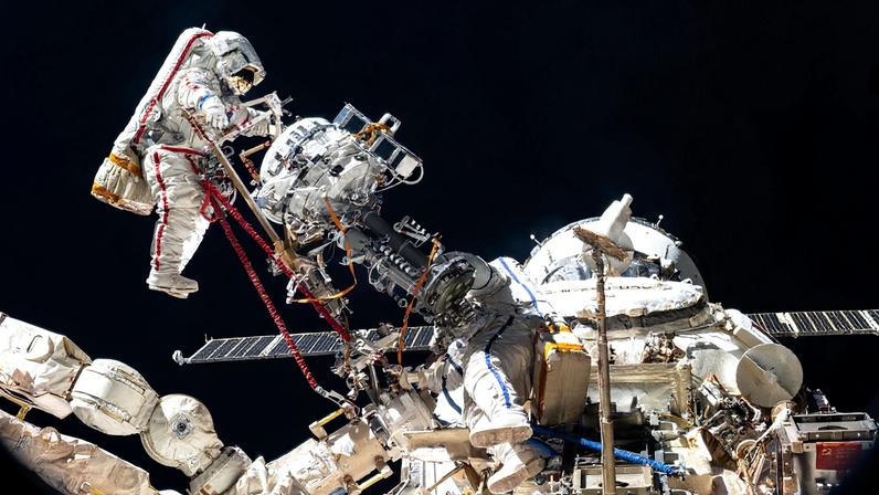 Cosmonaut Sergey Ryzhikov removes a high-resolution camera (HRC) monoblock during a spacewalk on Oct. 16, 2025. The HRC monoblock is part of a scientific optical telescope system designed to test compact radio-optical detectors for Earth observation, ecological monitoring, and emergency response.