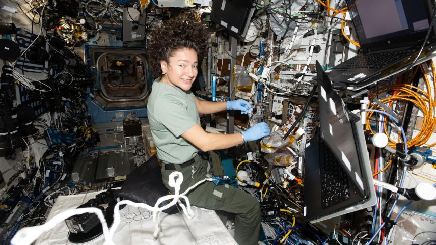 NASA astronaut and Expedition 74 flight engineer Jessica Meir inspects sensitive fiber cables that emit light to help cool, trap, and study atoms with high accuracy inside the Cold Atom Lab (CAL) aboard the International Space Station. The CAL, a quantum research facility, chills atoms to near absolute zero, providing insights into atomic wave functions, general relativity, and dark matter.